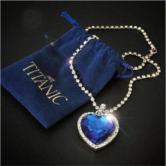Titanic Heart The Ocean Simulated Blue Sapphire, Silver Necklace Pendants - Picture 7 of 8